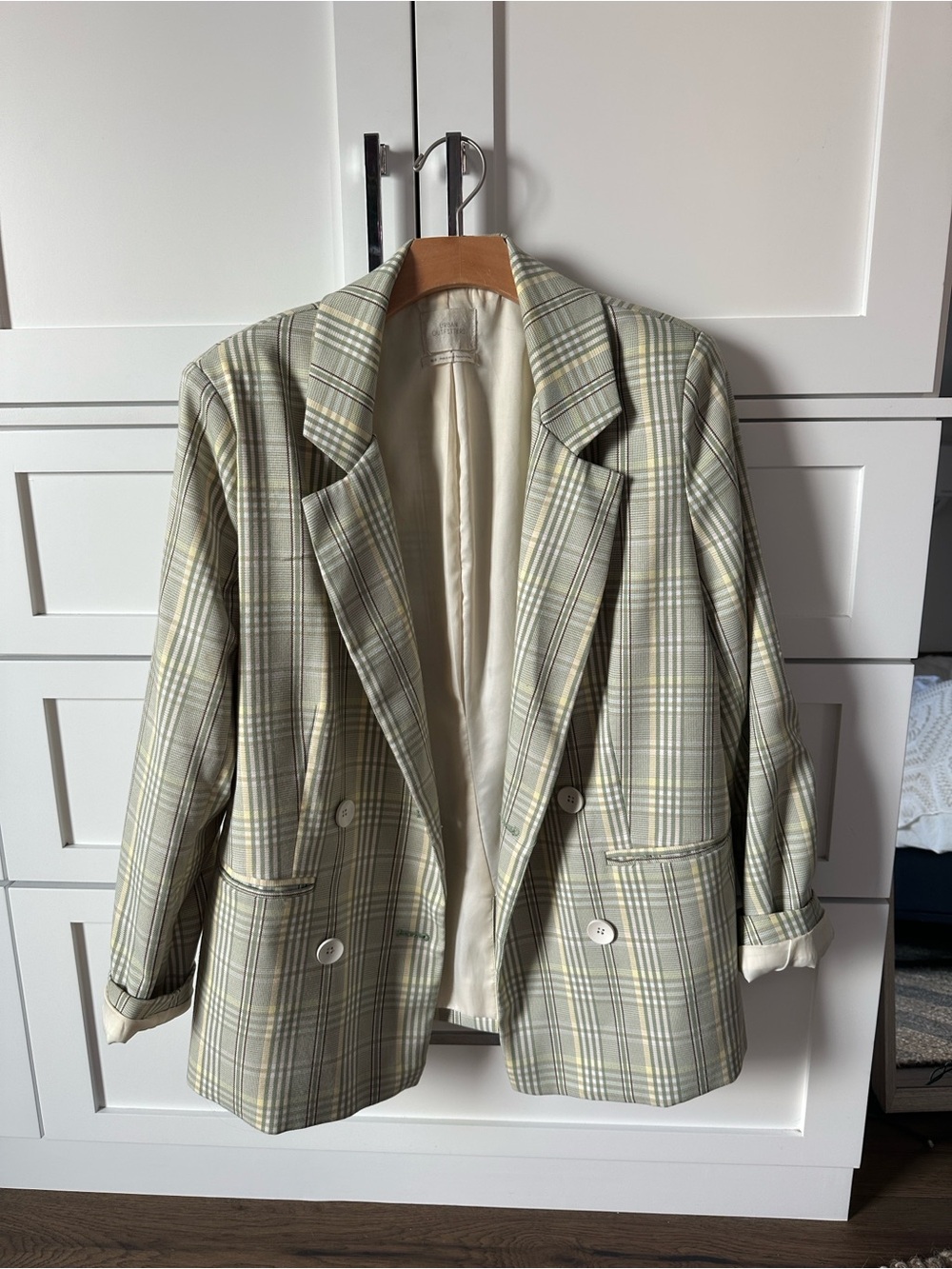 Urban Outfitters Sage and Cream Plaid Double-Breasted Blazer